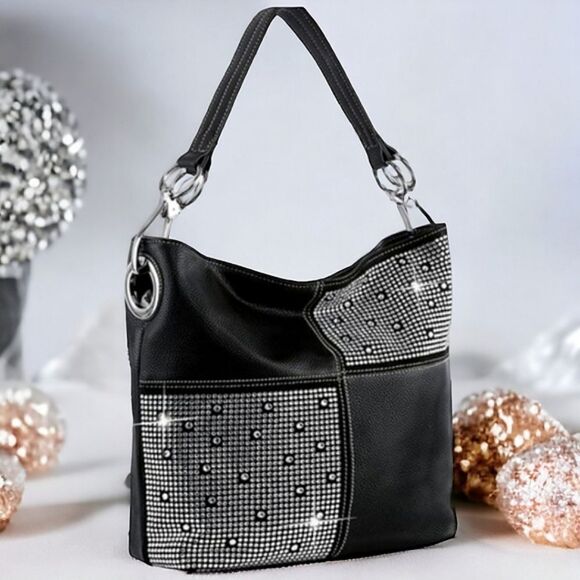 14. Black Rhinestones Studded Bling Shoulder Handbag Purse Vegan Leather - Picture 3 of 6